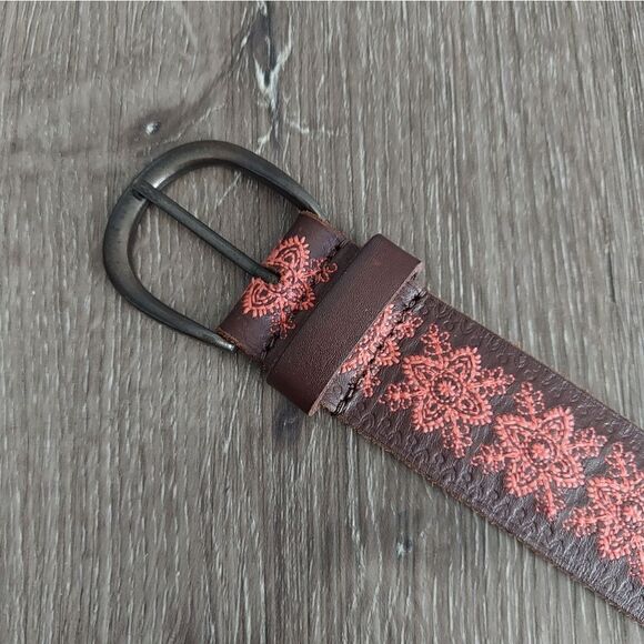 Lucky Brand Bohemian Brown Leather Embroidered Belt with Stamped Edging Small - Picture 3 of 6